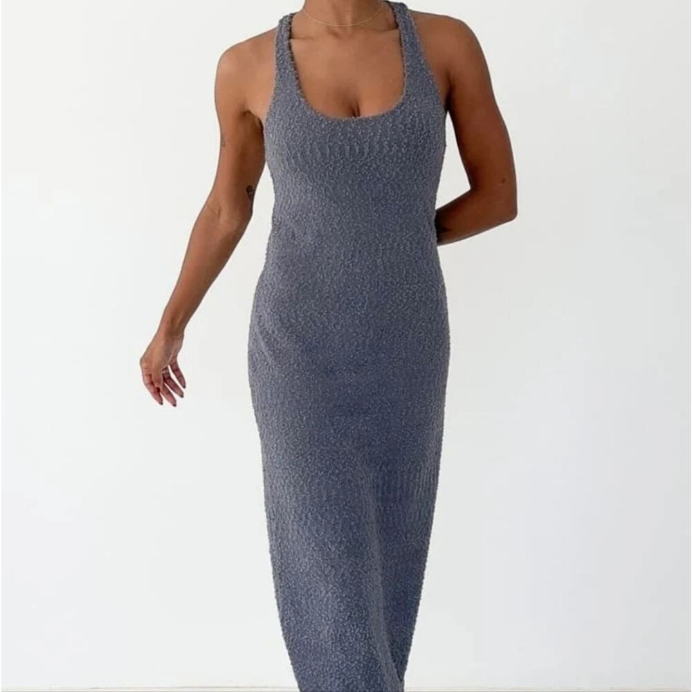Rumored Cloud Nine Racerback Textured Knit Maxi Dress Denim Blue Bodycon NWT M